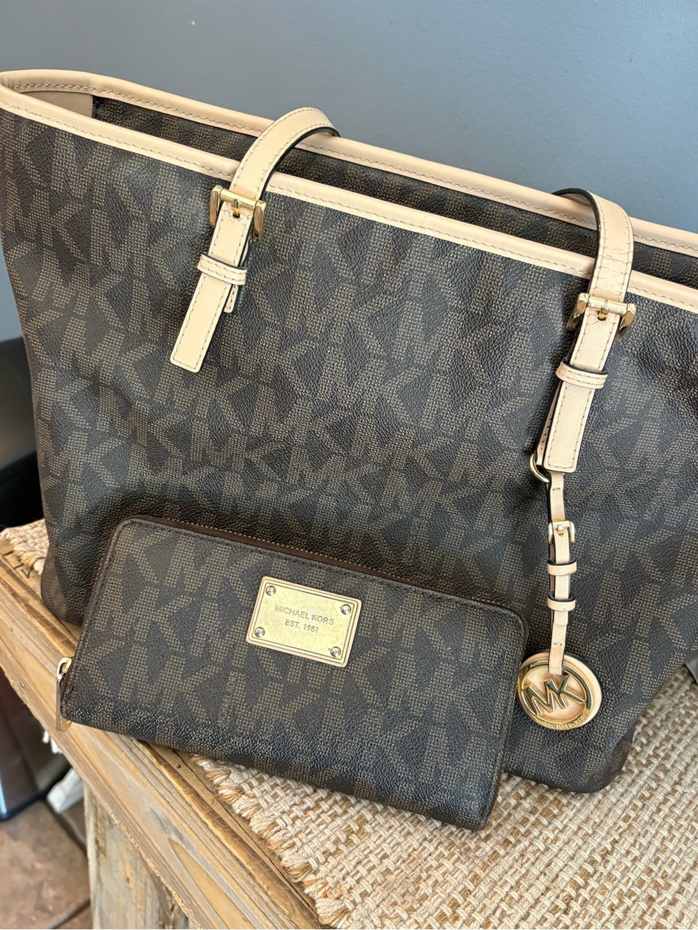 Michael Kors Brown and Cream Signature Logo Tote with Matching Wallet